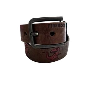 Fiorucci Vintage Kids Brown Leather Red T-Rex‎  Engraved Logo Belt Size M 24-30